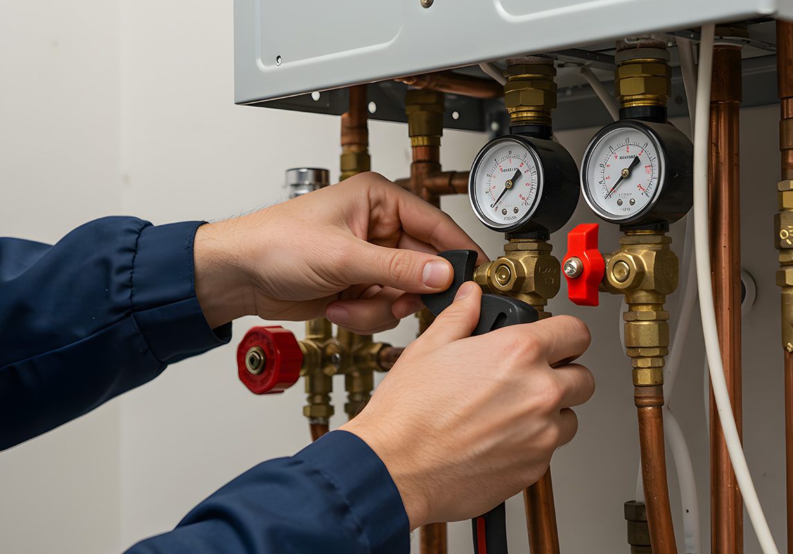 Professional Plumber Inspecting and Adjusting Boiler System Pipe