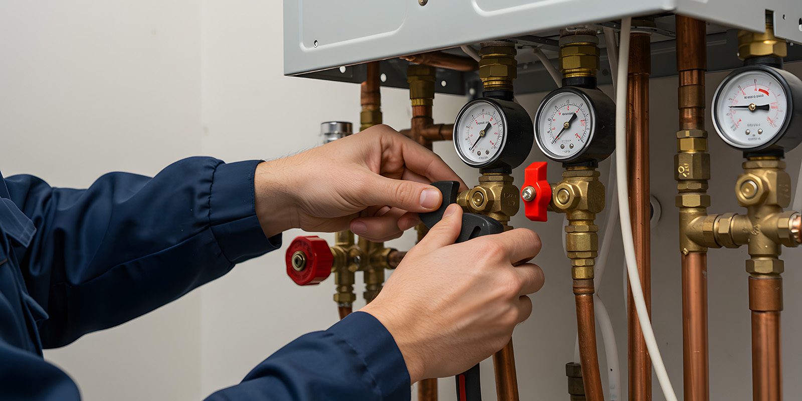 Professional Plumber Inspecting and Adjusting Boiler System Pipe