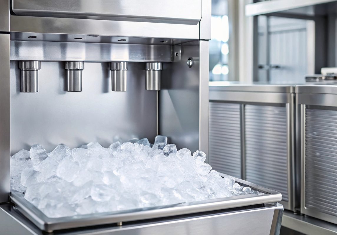 Close up shot of a modern ice making machine in operation, ice,