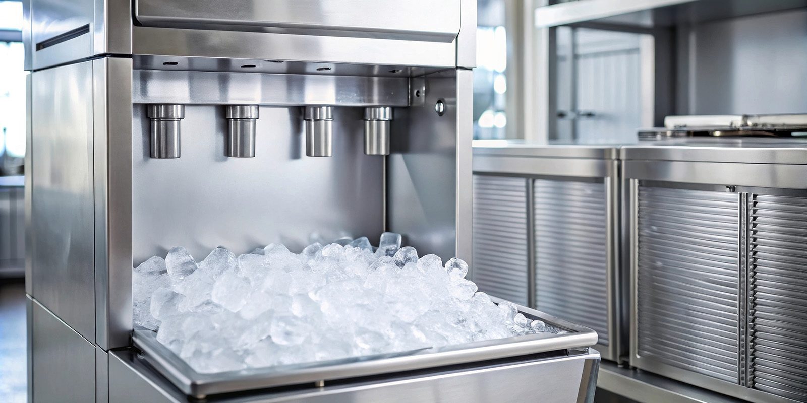 Close up shot of a modern ice making machine in operation, ice,