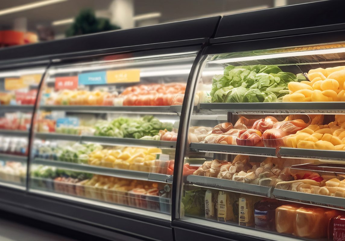 Rows of Fresh Food in a Chiller Cabinet in a Super Store with Bl