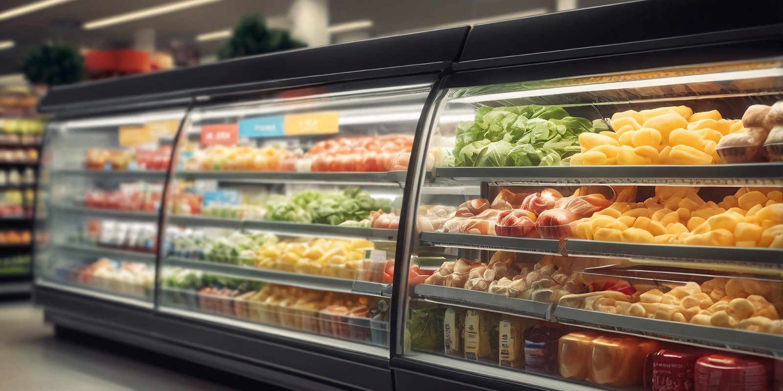 Rows of Fresh Food in a Chiller Cabinet in a Super Store with Bl